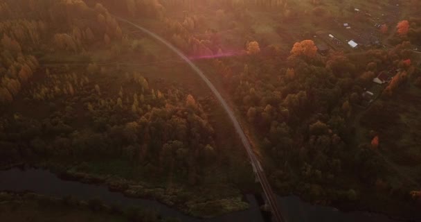 Légifelvételek. Panorámás őszi táj. A festői táj, folyó, a fák, a mezőt. Reggel köd. Légi kamera felvétel. Altáj, Siberia. — Stock videók