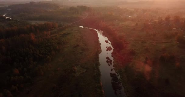 공중 볼 수 있습니다. 아름 다운가 풍경입니다. 강, 나무와 필드 그림 같은 풍경입니다. 아침 안개입니다. 공중 카메라 촬영. 알타이, 시베리아. — 비디오