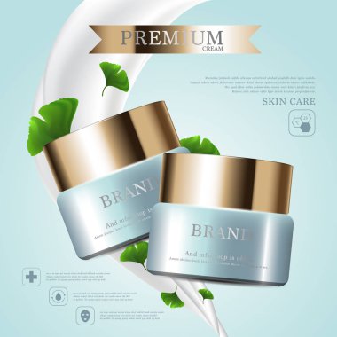 Yıllık indirimli yüz kremi ya da festival satışı için. Işıltılı parçacıkların arka planında izole edilmiş yeşil ve altın rengi bir maske şişesi. Zarif kozmetik reklamları, illüstrasyon.