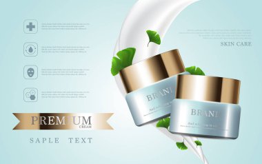 Yıllık indirimli yüz kremi ya da festival satışı için. Işıltılı parçacıkların arka planında izole edilmiş yeşil ve altın rengi bir maske şişesi. Zarif kozmetik reklamları, illüstrasyon.