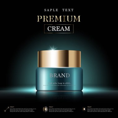 Yıllık indirimli yüz kremi ya da festival satışı için. Işıltılı parçacıkların arka planında izole edilmiş yeşil ve altın rengi bir maske şişesi. Zarif kozmetik reklamları, illüstrasyon.