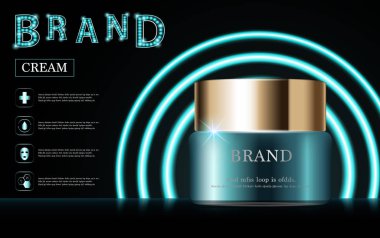 Yıllık indirimli yüz kremi ya da festival satışı için. Işıltılı parçacıkların arka planında izole edilmiş yeşil ve altın rengi bir maske şişesi. Zarif kozmetik reklamları, illüstrasyon.