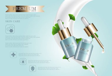 Yıllık satış veya festival Satılık yüz serum nemlendirici. yeşil ve altın serum maskesi şişe Glitter parçacıklar arka plan üzerinde izole. Zarif kozmetik reklamları, illüstrasyon.