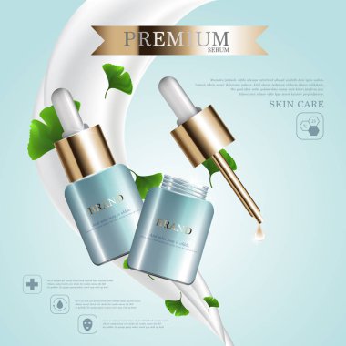 Yıllık satış veya festival Satılık yüz serum nemlendirici. yeşil ve altın serum maskesi şişe Glitter parçacıklar arka plan üzerinde izole. Zarif kozmetik reklamları, illüstrasyon.