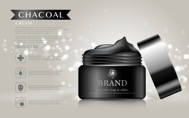 Yıllık indirimli yüz kremi ya da festival satışı için. Simli parçacıkların arka planında izole edilmiş siyah ve altın rengi bir maske şişesi. Zarif kozmetik reklamları, illüstrasyon.