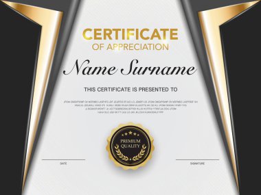 diploma sertifikası şablonu lüks ve modern stil vektör resimli siyah ve altın rengi.