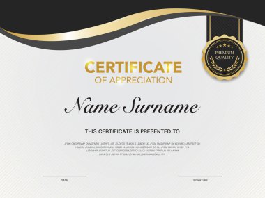 diploma sertifikası şablonu lüks ve modern stil vektör resimli siyah ve altın rengi.