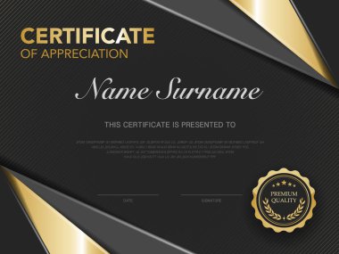 diploma sertifikası şablonu lüks ve modern stil vektör resimli siyah ve altın rengi.
