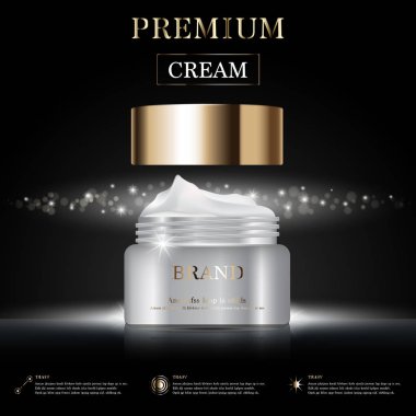 Yıllık indirimli yüz kremi ya da festival satışı için. Işıltılı parçacıkların arka planında izole edilmiş gümüş ve altın rengi maske şişesi. Zarif kozmetik reklamları, illüstrasyon.