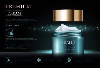 Yıllık indirimli yüz kremi ya da festival satışı için. Işıltılı parçacıkların arka planında izole edilmiş yeşil ve altın rengi bir maske şişesi. Zarif kozmetik reklamları, illüstrasyon.