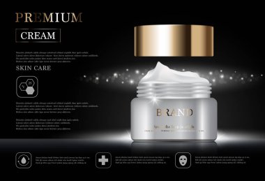 Yıllık indirimli yüz kremi ya da festival satışı için. Işıltılı parçacıkların arka planında izole edilmiş gümüş ve altın rengi maske şişesi. Zarif kozmetik reklamları, illüstrasyon.