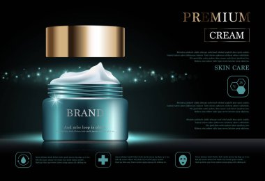 Yıllık indirimli yüz kremi ya da festival satışı için. Işıltılı parçacıkların arka planında izole edilmiş yeşil ve altın rengi bir maske şişesi. Zarif kozmetik reklamları, illüstrasyon.