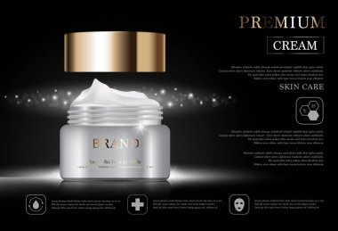 Yıllık indirimli yüz kremi ya da festival satışı için. Işıltılı parçacıkların arka planında izole edilmiş gümüş ve altın rengi maske şişesi. Zarif kozmetik reklamları, illüstrasyon.