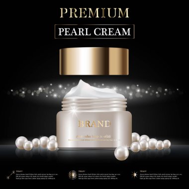 Yıllık satış veya festival satış için nemlendirici yüz kremi. inci ve altın krem maske şişe Glitter parçacıklar arka plan üzerinde izole. Zarif kozmetik reklamları, illüstrasyon.