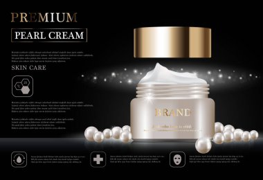 Yıllık satış veya festival satış için nemlendirici yüz kremi. inci ve altın krem maske şişe Glitter parçacıklar arka plan üzerinde izole. Zarif kozmetik reklamları, illüstrasyon.