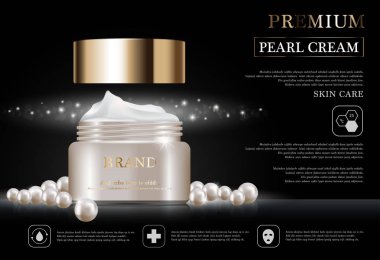 Yıllık satış veya festival satış için nemlendirici yüz kremi. inci ve altın krem maske şişe Glitter parçacıklar arka plan üzerinde izole. Zarif kozmetik reklamları, illüstrasyon.