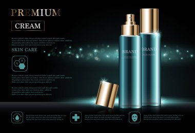 Yıllık indirimli yüz kremi ya da festival satışı için. Işıltılı parçacıkların arka planında izole edilmiş yeşil ve altın rengi bir maske şişesi. Zarif kozmetik reklamları, illüstrasyon.
