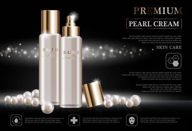 Yıllık satış veya festival satış için nemlendirici yüz kremi. inci ve altın krem maske şişe Glitter parçacıklar arka plan üzerinde izole. Zarif kozmetik reklamları, illüstrasyon.