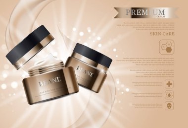 Yıllık indirimli yüz kremi ya da festival satışı için. Işıltılı parçacıkların arka planında izole edilmiş gümüş ve altın rengi maske şişesi. Zarif kozmetik reklamları, illüstrasyon.