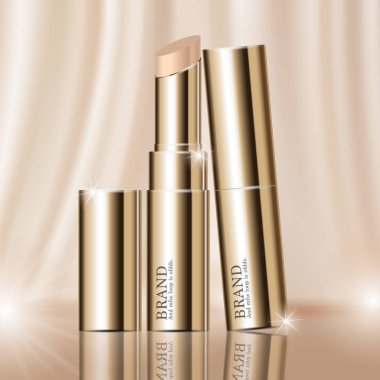 Yıllık satış ya da festival için yüz ruju nemlendirici. Gümüş ve altın rengi ruj maskeli şişe, arkaplandaki sim parçacıklarına izole edilmiş. Zarif kozmetik reklamları, illüstrasyon.