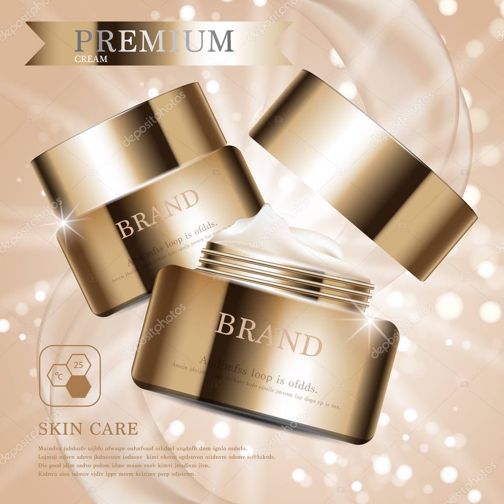 Hydrating facial cream for annual sale or festival sale. silver and gold cream mask bottle isolated on glitter particles background. Graceful cosmetic ads, illustration.