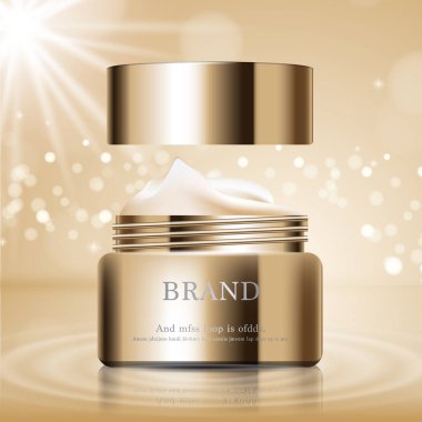 Yıllık satış veya festival satış için nemlendirici yüz kremi. Gümüş ve altın krem beyaz arka plan üzerinde izole şişe maske. Zarif kozmetik reklamları, illüstrasyon.