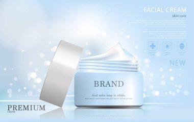 Yıllık satış veya festival satış için nemlendirici yüz kremi. Gümüş ve mavi krem maske şişe Glitter parçacıklar arka plan üzerinde izole. Zarif kozmetik reklamları, illüstrasyon.