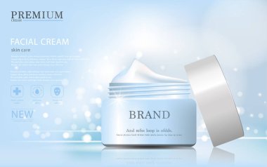 Yıllık satış veya festival satış için nemlendirici yüz kremi. Gümüş ve mavi krem maske şişe Glitter parçacıklar arka plan üzerinde izole. Zarif kozmetik reklamları, illüstrasyon.