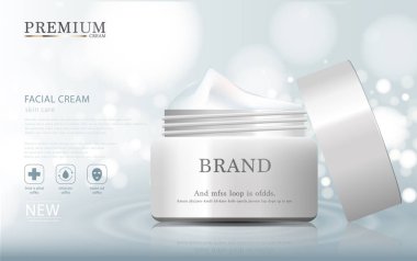 Yıllık satış veya festival satış için nemlendirici yüz kremi. Gümüş ve beyaz krem maske şişe Glitter parçacıklar arka plan üzerinde izole. Zarif kozmetik reklamları, illüstrasyon.