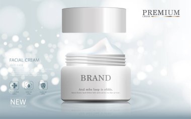 Yıllık satış veya festival satış için nemlendirici yüz kremi. Gümüş ve beyaz krem maske şişe Glitter parçacıklar arka plan üzerinde izole. Zarif kozmetik reklamları, illüstrasyon.