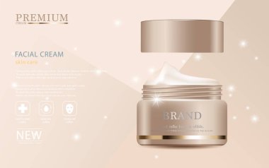 Yıllık satış veya festival satış için nemlendirici yüz kremi. Glitter parçacıklar arka plan üzerinde izole kahverengi ve gümüş krem maske şişe. Zarif kozmetik reklamları, illüstrasyon.