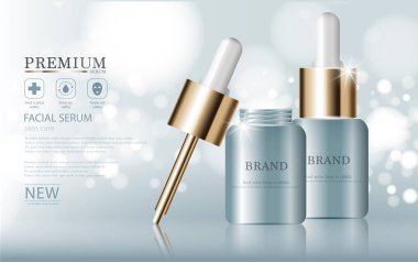 Yıllık satış veya festival Satılık yüz serum nemlendirici. yeşil ve altın serum maskesi şişe Glitter parçacıklar arka plan üzerinde izole. Zarif kozmetik reklamları, illüstrasyon.