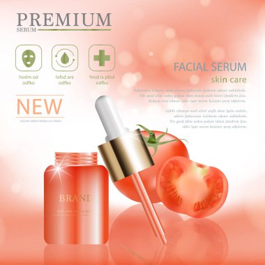 Yıllık satış veya festival Satılık yüz serum nemlendirici. Glitter parçacıklar arka plan üzerinde izole kırmızı ve altın serum maskesi şişe. Zarif kozmetik reklamları, illüstrasyon.