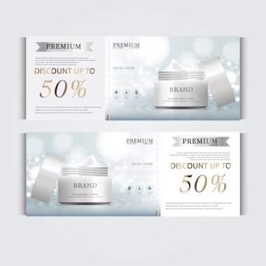 Yıllık satış veya festival satış için yüz kremi nemlendirici hediye çeki. Gümüş ve beyaz krem maske şişe Glitter parçacıklar arka plan üzerinde izole. Afiş zarif kozmetik reklamları, illüstrasyon.