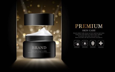 Yıllık indirimli yüz kremi ya da festival satışı için. Simli parçacıkların arka planında izole edilmiş siyah ve altın rengi bir maske şişesi. Zarif kozmetik reklamları, illüstrasyon.