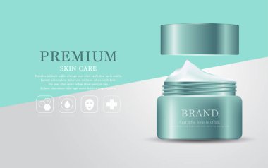 Yıllık indirimli yüz kremi ya da festival satışı için. Işıltılı parçacıkların arka planında izole edilmiş yeşil ve altın rengi bir maske şişesi. Zarif kozmetik reklamları, illüstrasyon.