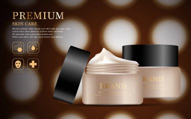 Yıllık satış veya festival satış için nemlendirici yüz kremi. Glitter parçacıklar arka plan üzerinde izole kahverengi ve altın krem maske şişe. Zarif kozmetik reklamları, illüstrasyon.