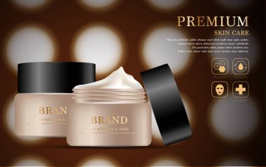 Yıllık satış veya festival satış için nemlendirici yüz kremi. Glitter parçacıklar arka plan üzerinde izole kahverengi ve altın krem maske şişe. Zarif kozmetik reklamları, illüstrasyon.