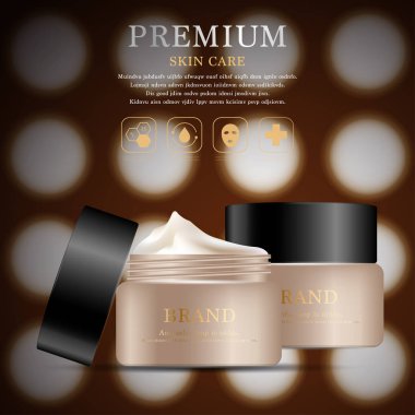 Yıllık satış veya festival satış için nemlendirici yüz kremi. Glitter parçacıklar arka plan üzerinde izole kahverengi ve altın krem maske şişe. Zarif kozmetik reklamları, illüstrasyon.