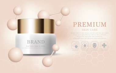 Yıllık satış veya festival satış için nemlendirici yüz kremi. beyaz ve altın krem maske şişe Glitter parçacıklar arka plan üzerinde izole. Zarif kozmetik reklamları, illüstrasyon.