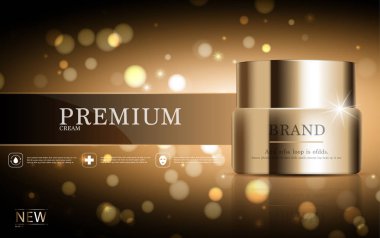 Yıllık indirimli yüz kremi ya da festival satışı için. Işıltılı parçacıkların arka planında izole edilmiş gümüş ve altın rengi maske şişesi. Zarif kozmetik reklamları, illüstrasyon.