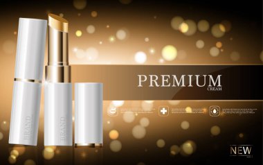 Yıllık satış ya da festival için yüz ruju nemlendirici. Beyaz ve altın rengi ruj maskeli bir şişe. Arkaplanda parıltı parçacıkları var. Zarif kozmetik reklamları, illüstrasyon.