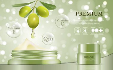 Yıllık indirimli yüz kremi ya da festival satışı için. Işıltılı parçacıkların arka planında izole edilmiş yeşil ve altın rengi bir maske şişesi. Zarif kozmetik reklamları, illüstrasyon.