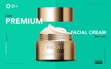 Yıllık indirimli yüz kremi ya da festival satışı için. Işıltılı parçacıkların arka planında izole edilmiş gümüş ve altın rengi maske şişesi. Zarif kozmetik reklamları, illüstrasyon.