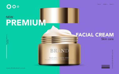 Yıllık indirimli yüz kremi ya da festival satışı için. Işıltılı parçacıkların arka planında izole edilmiş gümüş ve altın rengi maske şişesi. Zarif kozmetik reklamları, illüstrasyon.