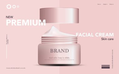 Yıllık indirimli yüz kremi ya da festival satışı için. Işıltılı parçacıkların arka planında izole edilmiş gümüş ve pembe krem maskeli şişe. Zarif kozmetik reklamları, illüstrasyon.