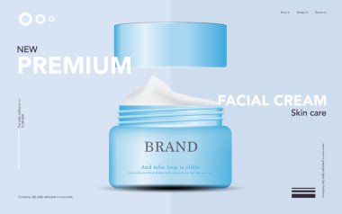 Yıllık satış veya festival satış için nemlendirici yüz kremi. Gümüş ve mavi krem maske şişe Glitter parçacıklar arka plan üzerinde izole. Zarif kozmetik reklamları, illüstrasyon.