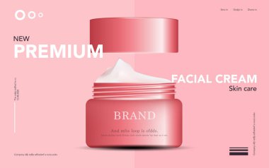 Yıllık satış veya festival satış için nemlendirici yüz kremi. Gümüş ve kırmızı krem maske şişe Glitter parçacıklar arka plan üzerinde izole. Zarif kozmetik reklamları, illüstrasyon.