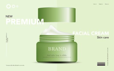 Yıllık satış veya festival satış için nemlendirici yüz kremi. Gümüş ve yeşil krem maske şişe Glitter parçacıklar arka plan üzerinde izole. Zarif kozmetik reklamları, illüstrasyon.