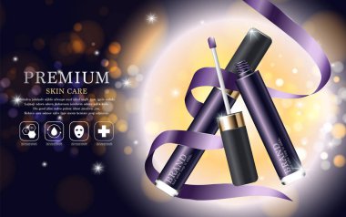 Yıllık satış veya festival satışı için nemlendirici yüz kapatıcı. mor ve altın kapatıcı maske şişe glitter parçacıkları arka plan izole. Zarif kozmetik reklamlar, illüstrasyon.